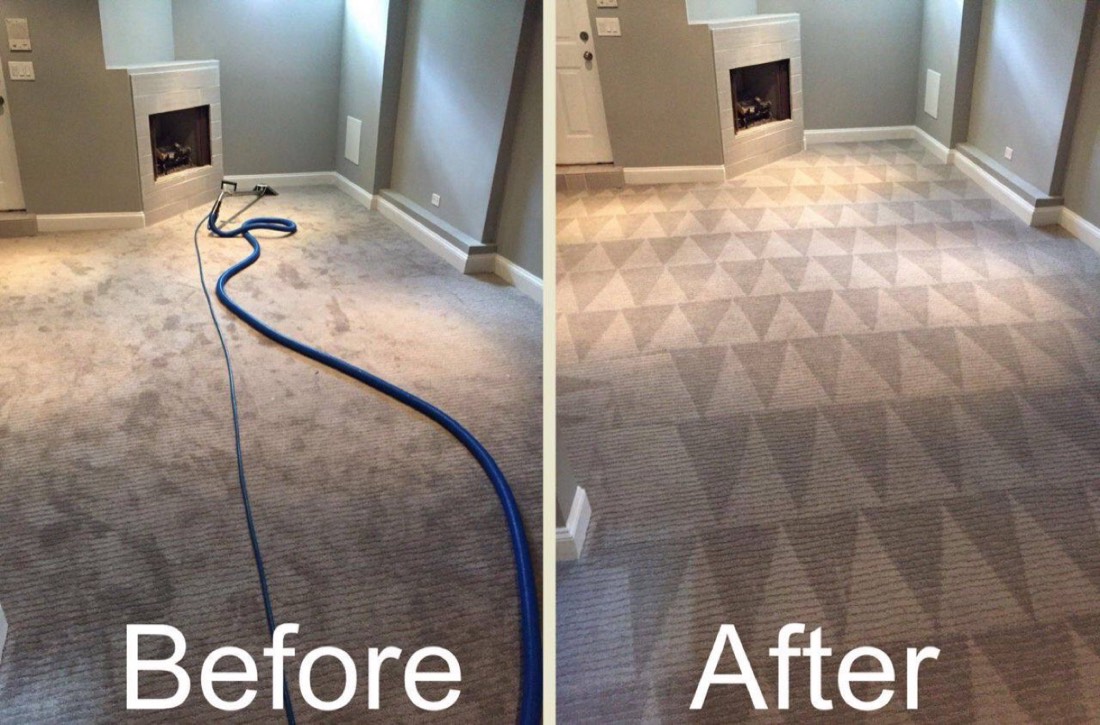 A before and after of a carpet with the cleaning hose